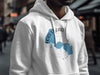 White hoodie with a blue Forest Lake Minnesota map and compass design.