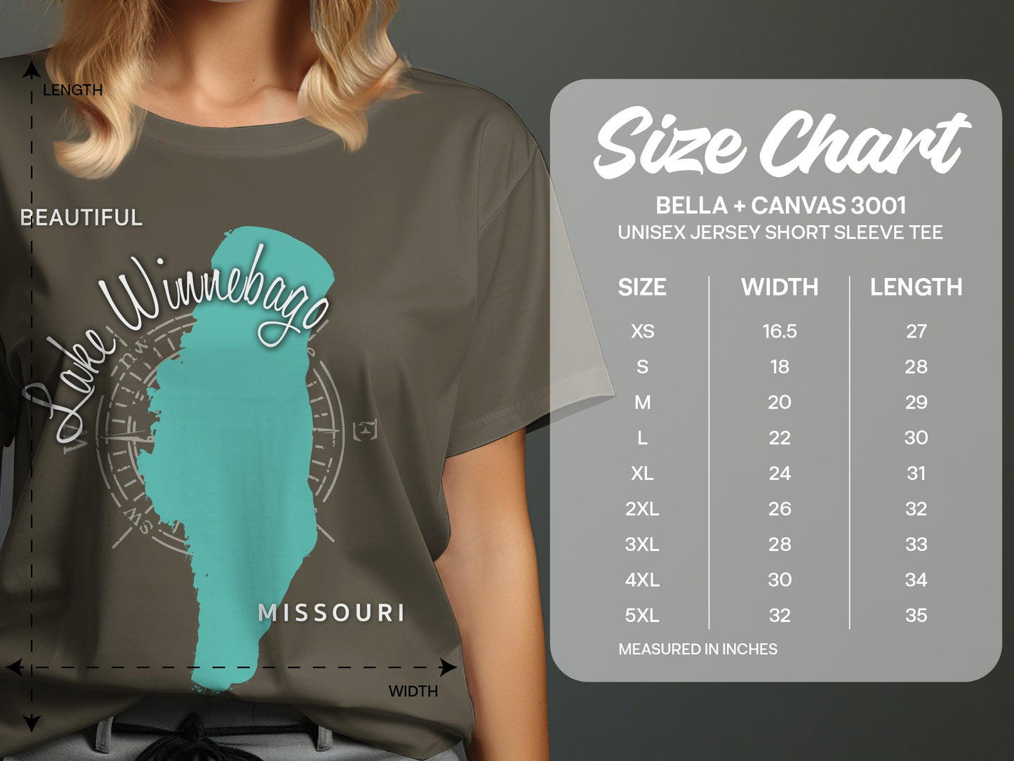 T-shirt size chart for Bella + Canvas 3001 with Lake Winnebago graphic.