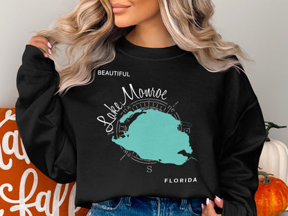 Black sweatshirt with a teal map of Lake Monroe, Florida.