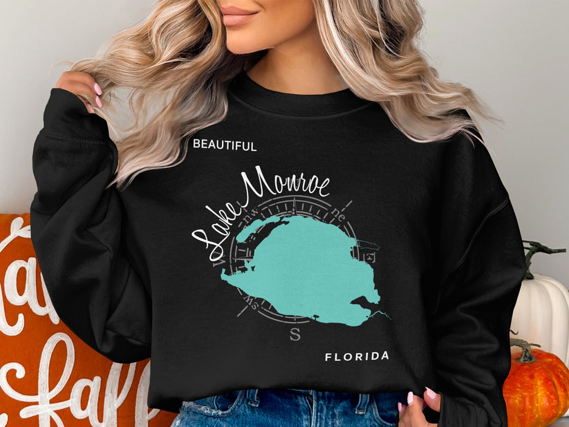 Black sweatshirt with a teal map of Lake Monroe, Florida.