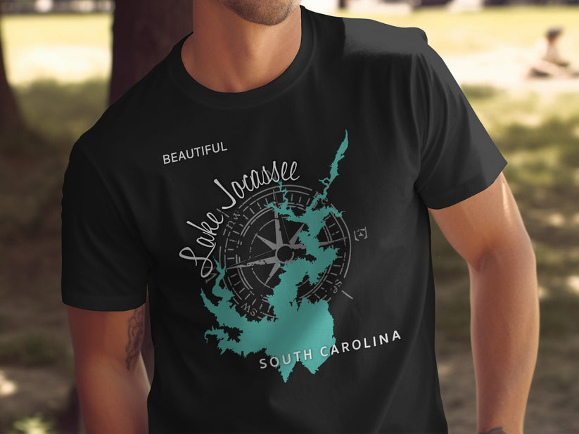 Black t-shirt with "Lake Jocassee South Carolina" and compass design.