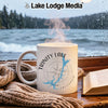 White mug with Trinity Lake California map and compass graphic.