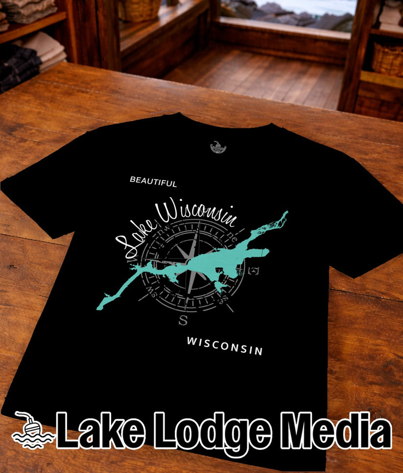 Black t-shirt with "Beautiful Lake Wisconsin" map and compass graphic.