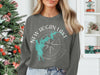 Gray crewneck sweatshirt with "New Hogan Lake California" and compass design.