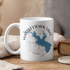 White mug with "Whiskeytown Lake California" and a blue lake map design.