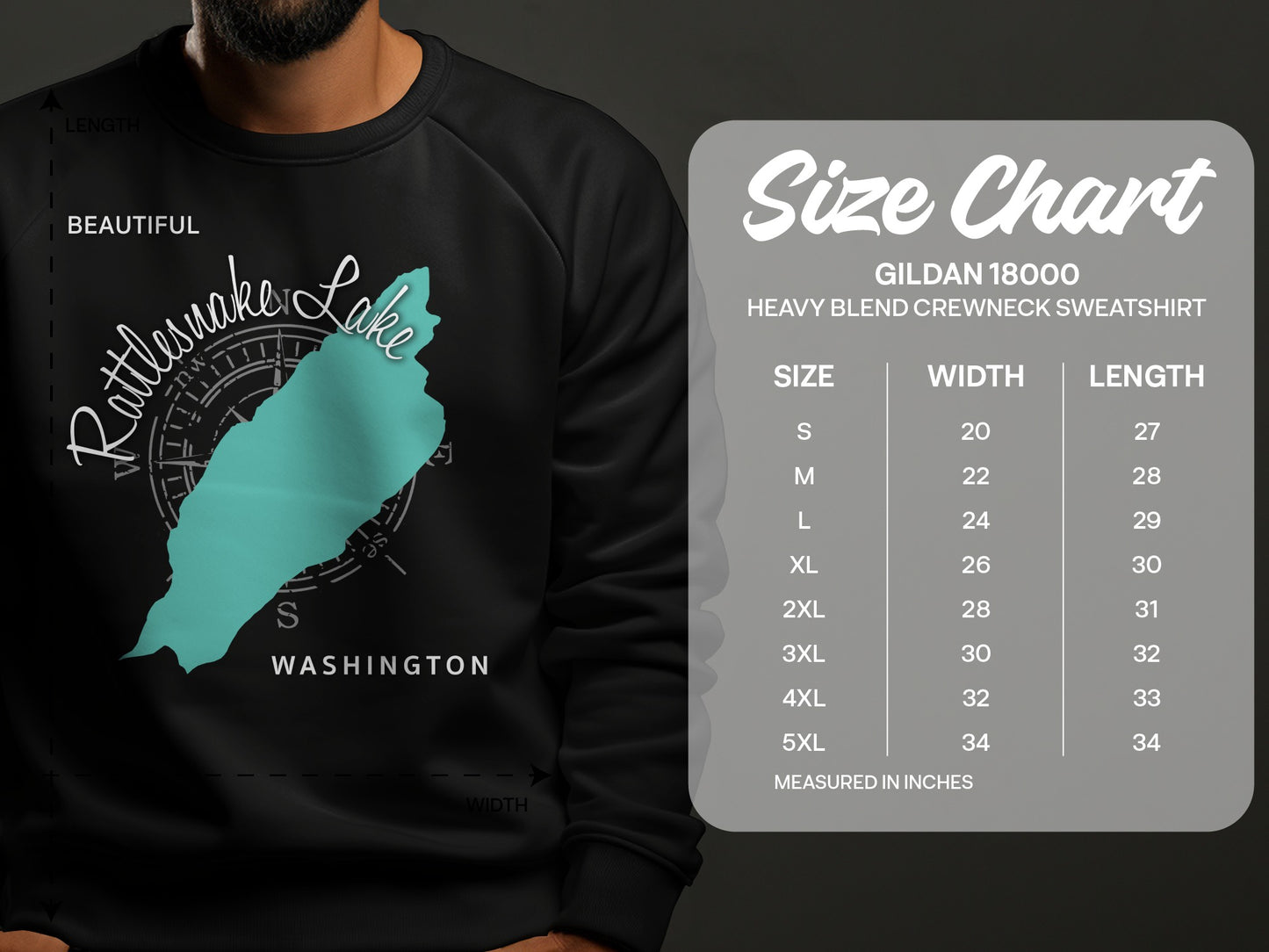 Rattlesnake Lake graphic on sweatshirt with size chart for Gildan 18000 sweatshirt.