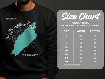 Rattlesnake Lake graphic on sweatshirt with size chart for Gildan 18000 sweatshirt.