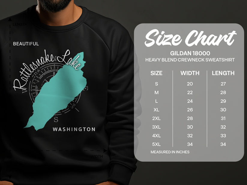 Rattlesnake Lake graphic on sweatshirt with size chart for Gildan 18000 sweatshirt.