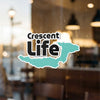 Crescent Life logo with aqua wave shape underneath and copyright text.