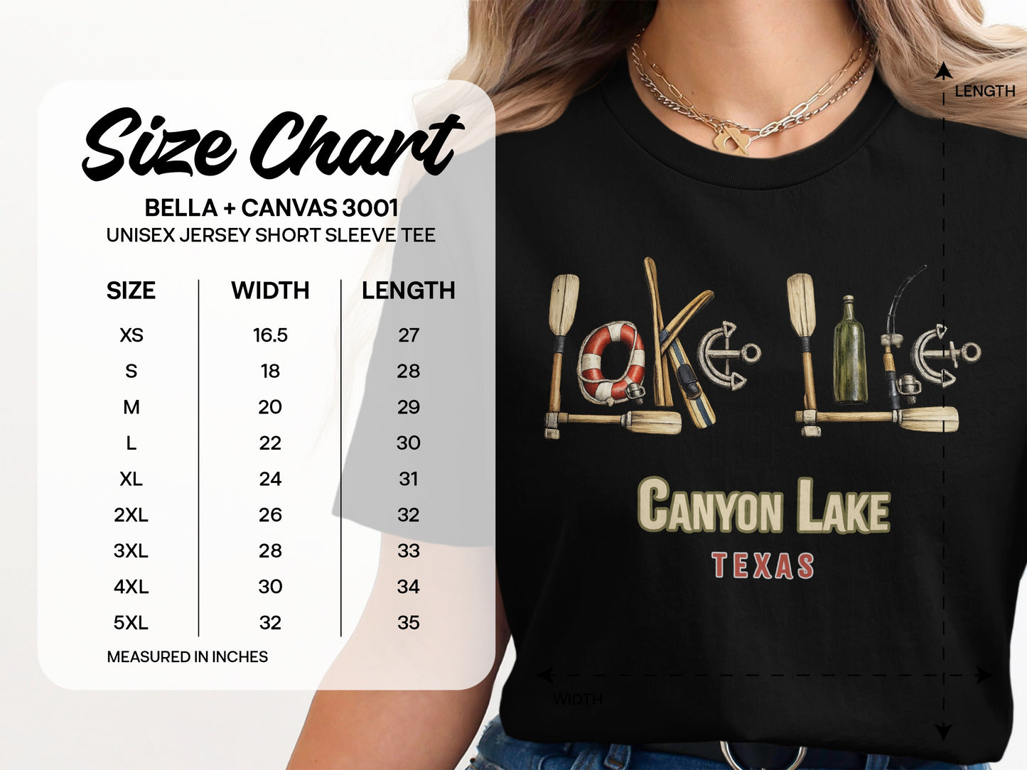 Canyon Lake Texas graphic tee size chart with measurements for width and length.