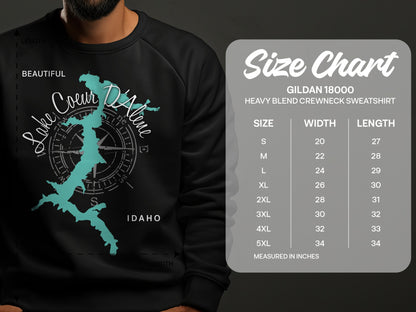 Lake Coeur d'Alene map graphic on black sweatshirt; Gildan size chart.