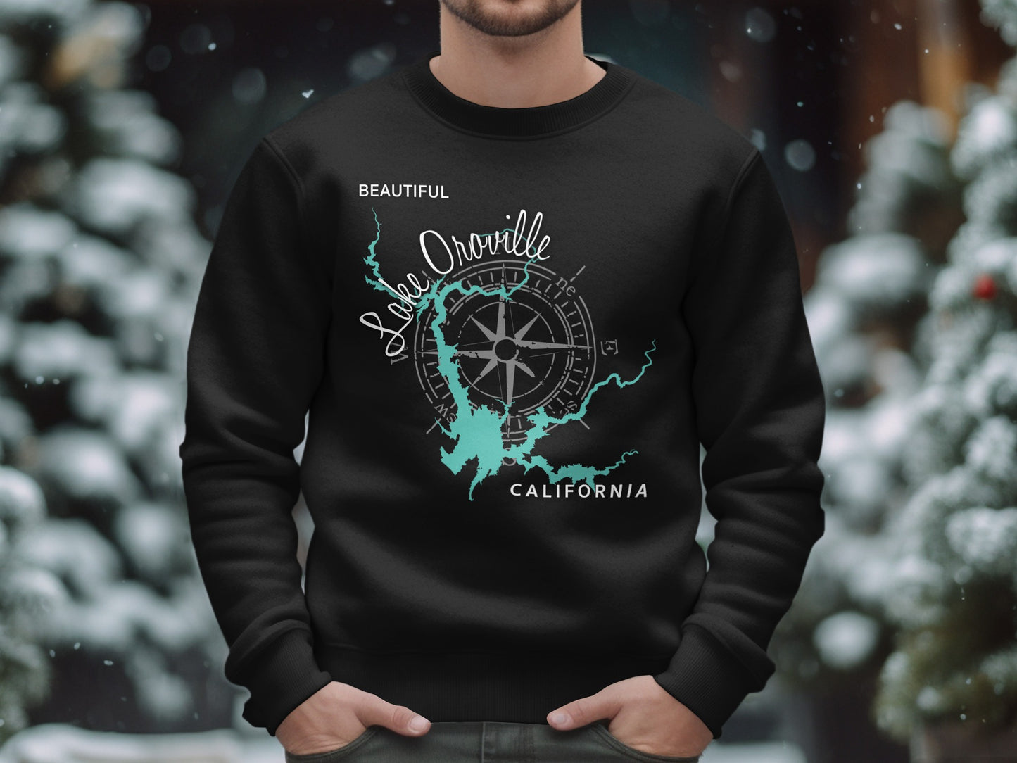 Black sweatshirt with a Lake Oroville, California map and compass graphic.