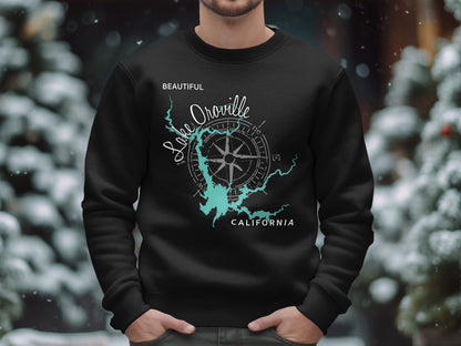 Black sweatshirt with a Lake Oroville, California map and compass graphic.