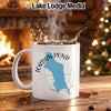 White mug with "Jordan Pond Maine" map graphic, steaming coffee splashing.