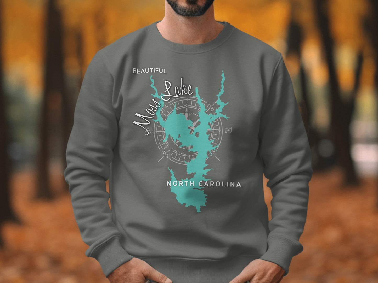 Gray sweatshirt with turquoise Moss Lake map and compass, "Beautiful" and "North Carolina".