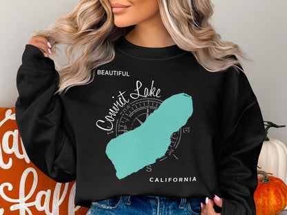 Black sweatshirt with "Convict Lake CALIFORNIA" and lake outline graphic.