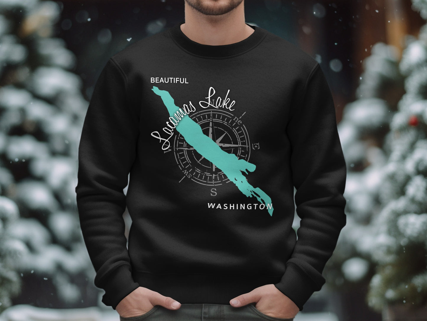 Black sweatshirt with turquoise "Lacamas Lake Washington" graphic and compass.