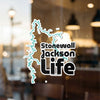 "Stonewall Jackson Life" sticker with aquamarine outline of a body of water.