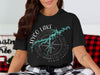 Black t-shirt with Hyco Lake design featuring lake outline and compass rose.