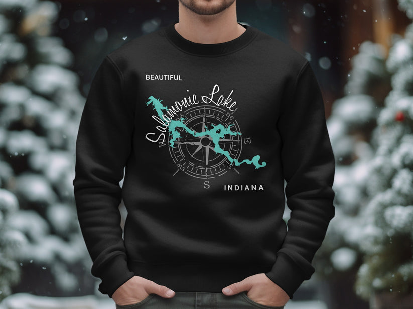 Black sweatshirt featuring a compass rose and turquoise map of Salamonie Lake, Indiana.