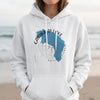 White hoodie with blue Garibaldi Lake map and compass graphic.