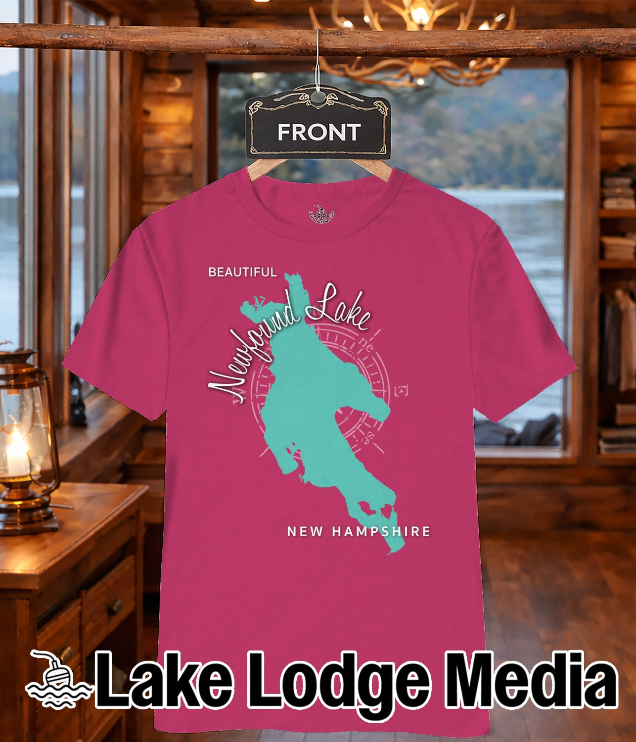 T-shirt with Newfoundland Lake map and "Lake Lodge Media" logo.