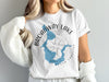 White t-shirt with blue Broadway Lake map outline, compass, and "South Carolina" text.