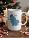 White mug with blue Ossipee Lake map and New Hampshire text.