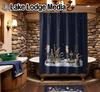 Dark blue shower curtain with a winter fishing theme featuring a bear and Christmas tree.
