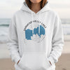 White hoodie with Diamond Valley Lake California map and compass graphic.