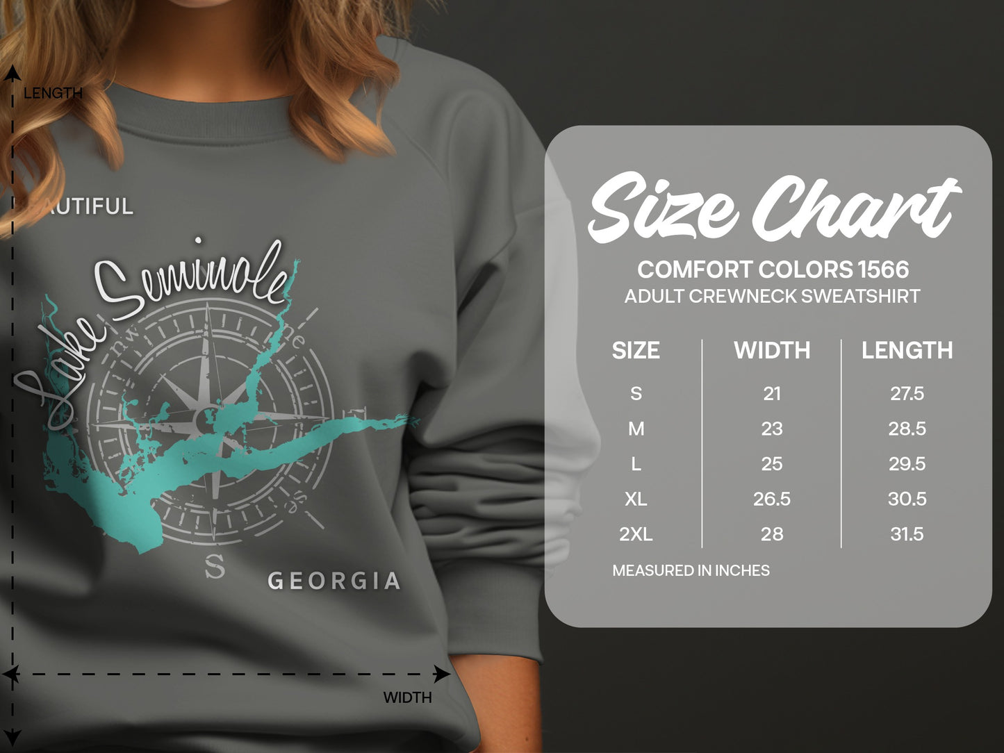 Grey sweatshirt with "Seminole Lake Georgia" compass design, size chart.