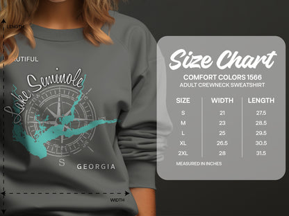 Grey sweatshirt with "Seminole Lake Georgia" compass design, size chart.