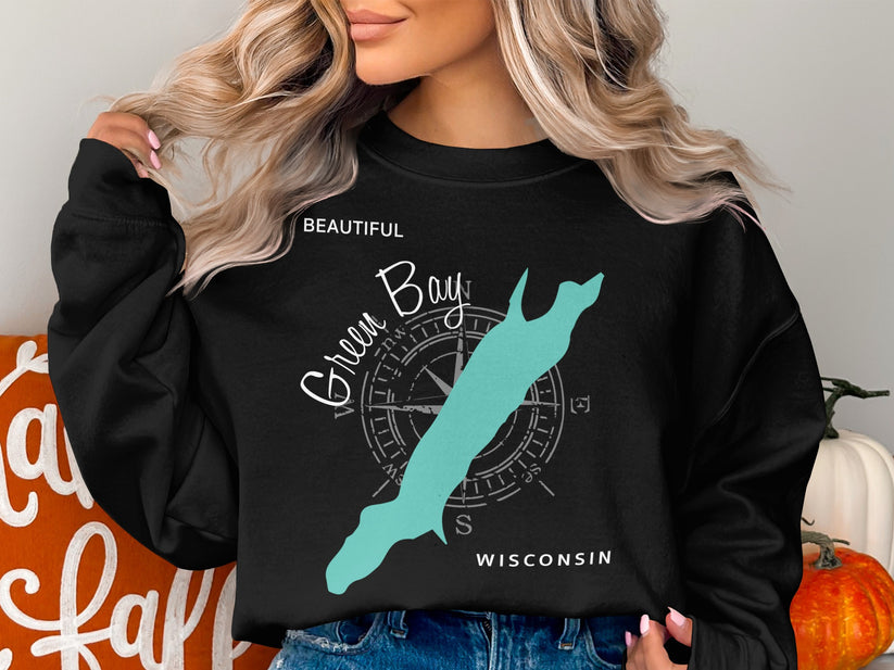 Black sweatshirt with "Green Bay Wisconsin" text and compass rose design.