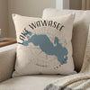 Pillow with blue Lake Wawasee Indiana map and compass rose design.