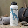 White water bottle with Glenville lake map and compass design.