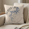Pillow with Beaver Lake map and compass rose design in blue and gray.