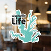 "Lewisville Life" text with a teal lake outline sticker.