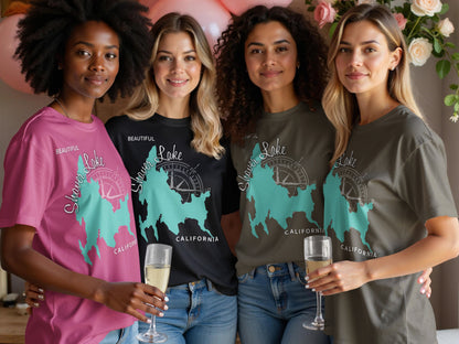 Four women in t-shirts with "Shaver Lake, California" compass graphic.