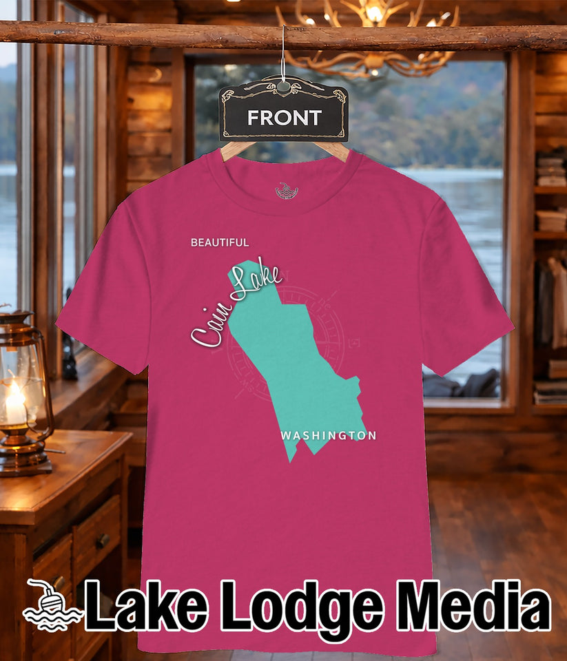 Crimson t-shirt with "Crim Lake WASHINGTON" map graphic and "Lake Lodge Media" logo.
