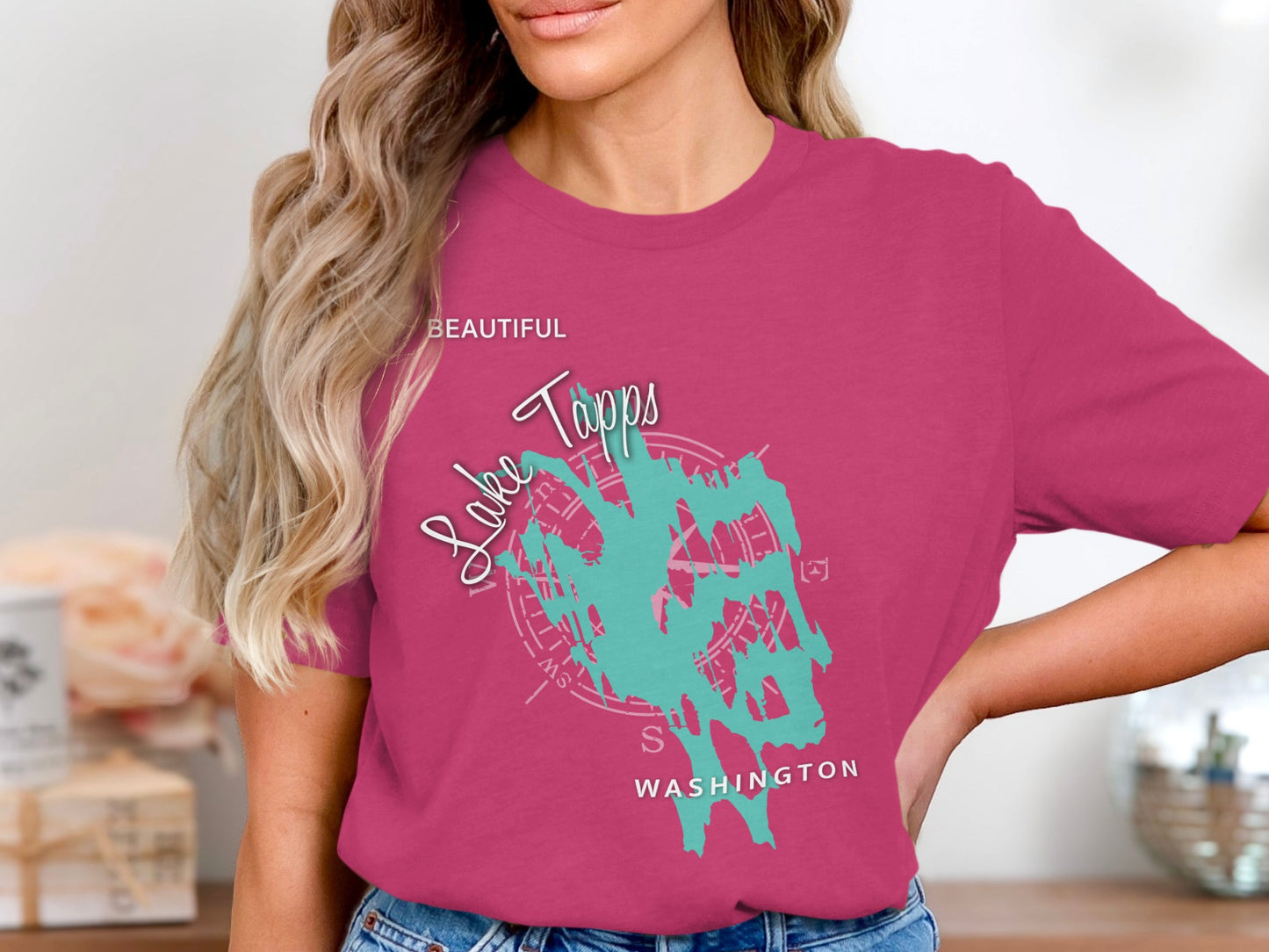 Pink t-shirt with "Beautiful Lake Tapps Washington" text and map graphic.