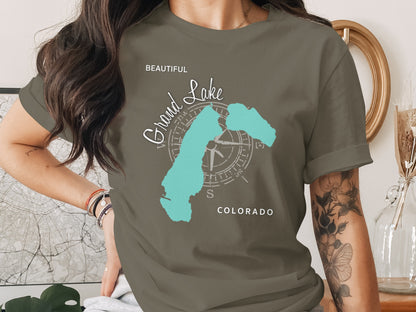 T-shirt with map of Grand Lake, Colorado, and compass rose graphic.