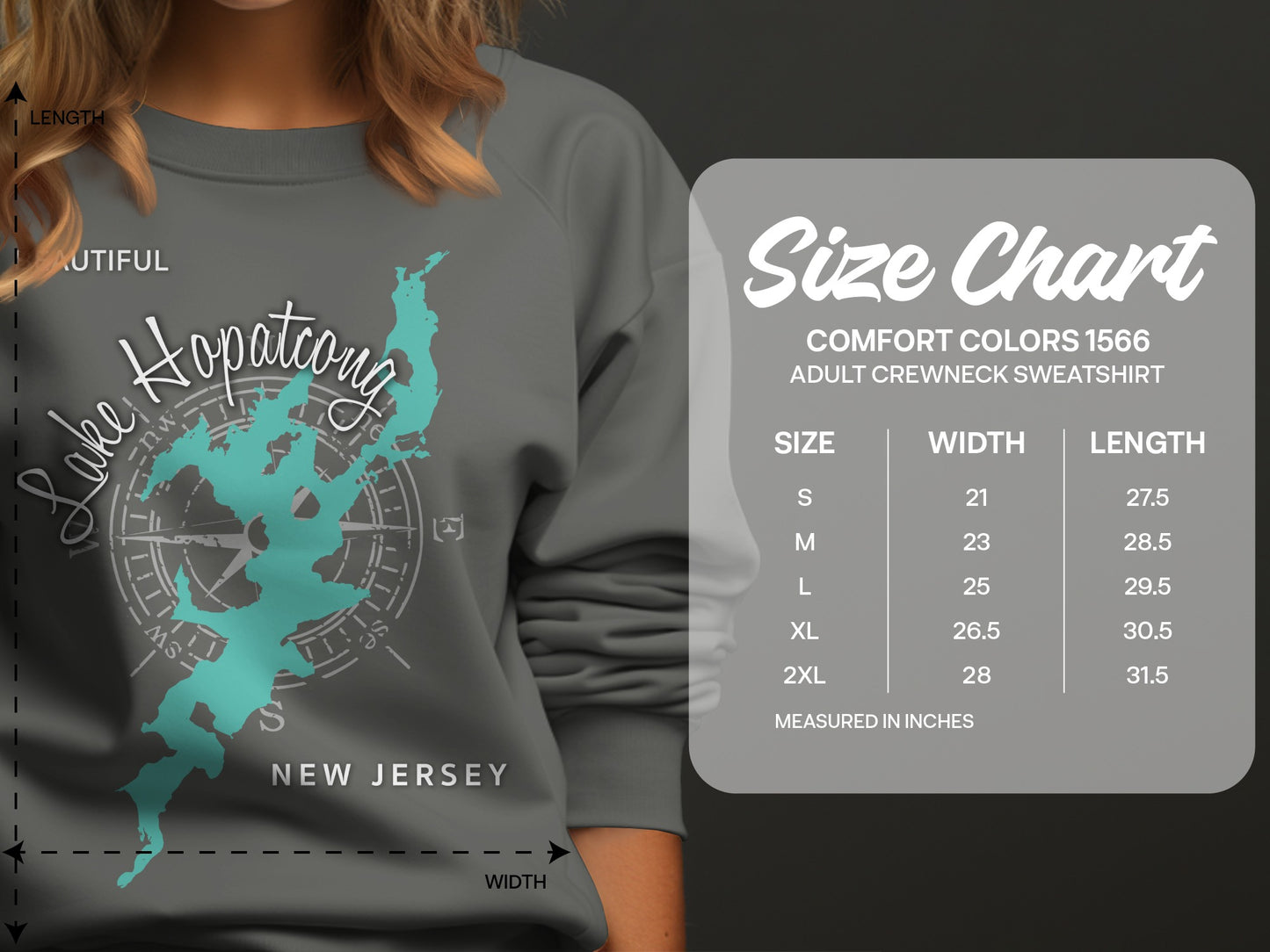 Lake Hopatcong New Jersey sweatshirt size chart with measurements.