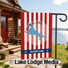 Custom garden flag with red and white stripes, Canyon Lake outline, and "The Smith Family."