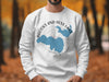 White sweatshirt with Brooks and Hess Lake Michigan map and compass design.
