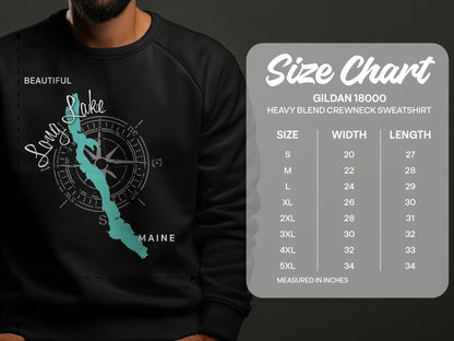 Gildan 18000 sweatshirt size chart with Long Lake graphic and measurements.