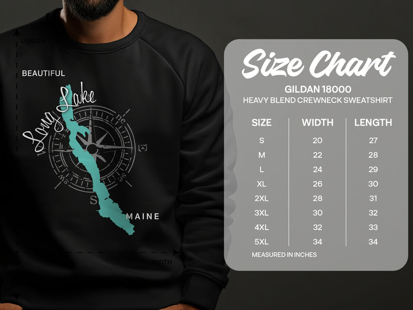 Gildan 18000 sweatshirt size chart with Long Lake graphic and measurements.