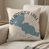 Pillow with blue Clearwater Lake map graphic and text Minnesota.