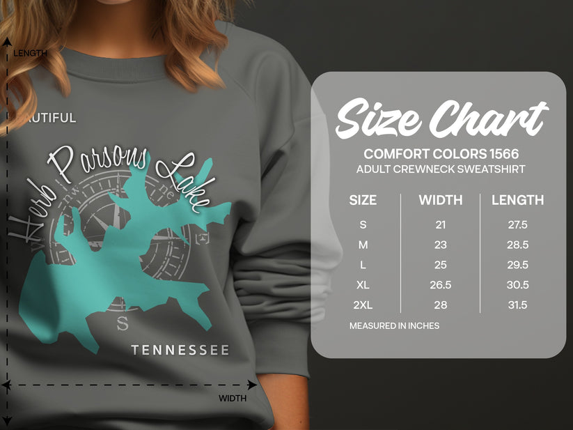 Parsons Lake Tennessee sweatshirt size chart with width and length measurements.