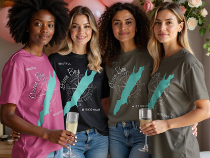 Four women in t-shirts with "Green Bay Wisconsin" map design.