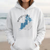 White hoodie with Watson Lake Arizona map and compass graphic.